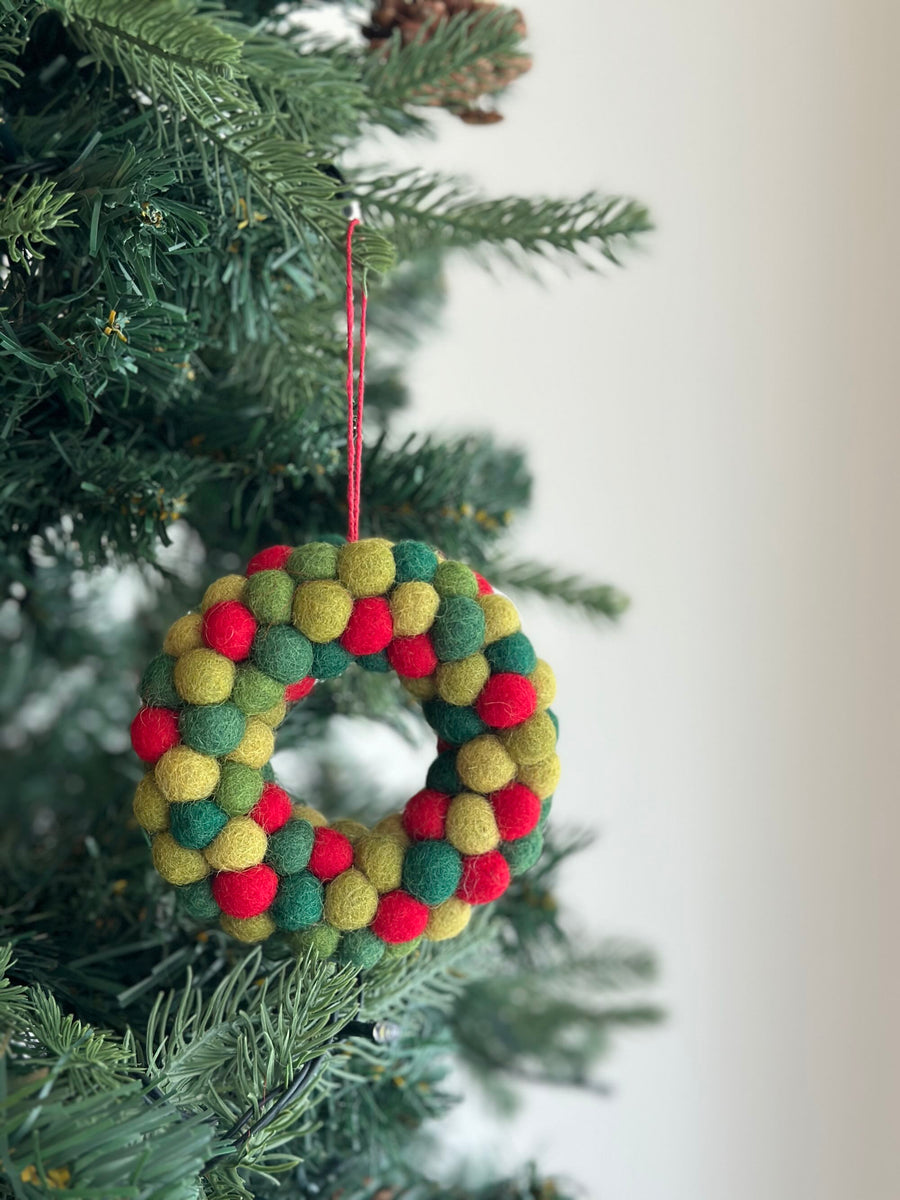 Felt Ornament - Mini Pompom Pompom Wreath, a wool felt ornament by Ganapati Crafts Co., needle-felted and hand-stitched in Nepal (view 4)