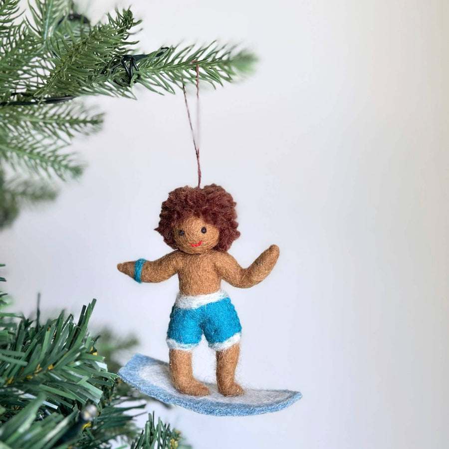 Felt Ornament - Surfer Boy, a wool felt ornament by Ganapati Crafts Co., needle-felted and hand-stitched in Nepal (view 3)