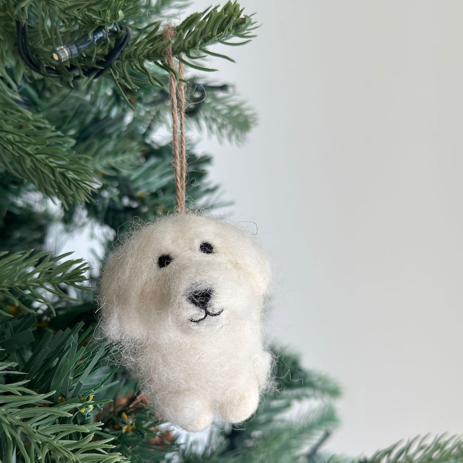 Felt Ornament - White Maltese Dog, a wool felt ornament by Ganapati Crafts Co., needle-felted and hand-stitched in Nepal