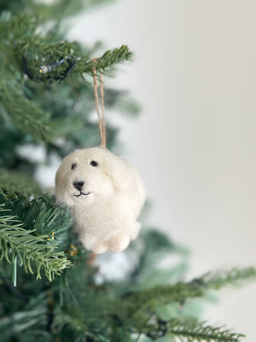 Felt Ornament - White Maltese Dog, a wool felt ornament by Ganapati Crafts Co., needle-felted and hand-stitched in Nepal (view 3)