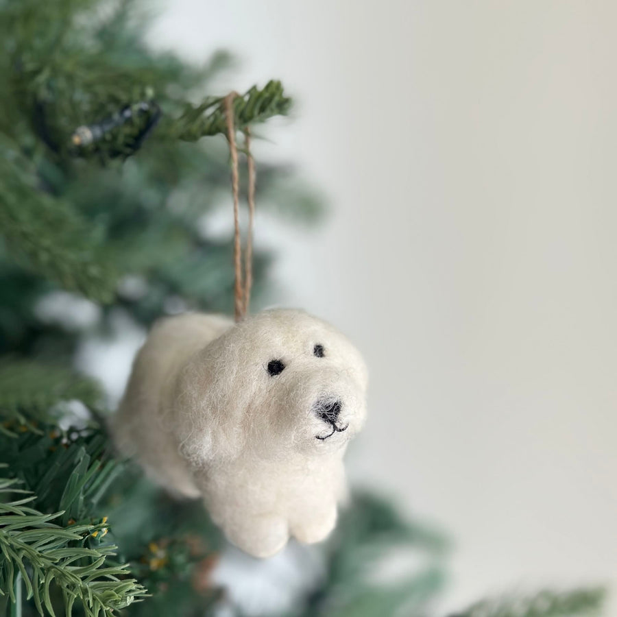 Felt Ornament - White Maltese Dog, a wool felt ornament by Ganapati Crafts Co., needle-felted and hand-stitched in Nepal (view 4)