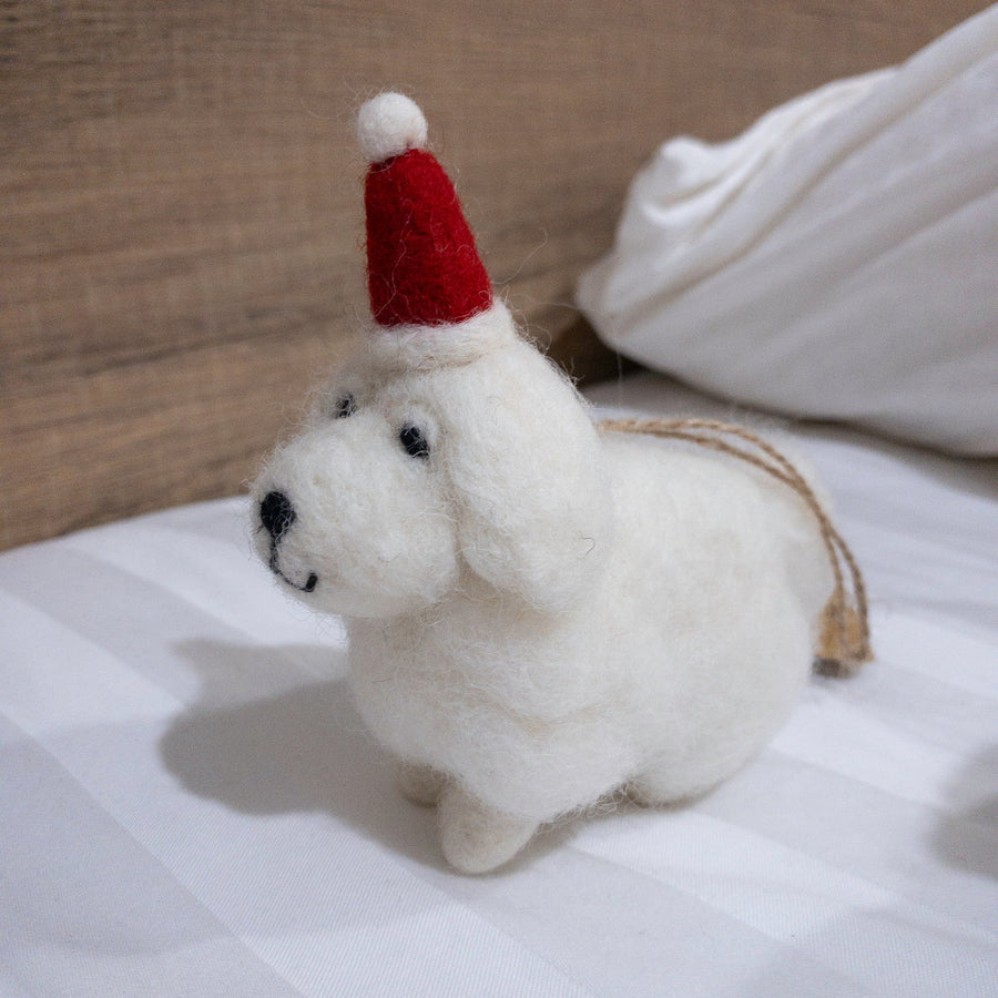 Felt Ornament - White Maltese Dog, a wool felt ornament by Ganapati Crafts Co., needle-felted and hand-stitched in Nepal (view 6)