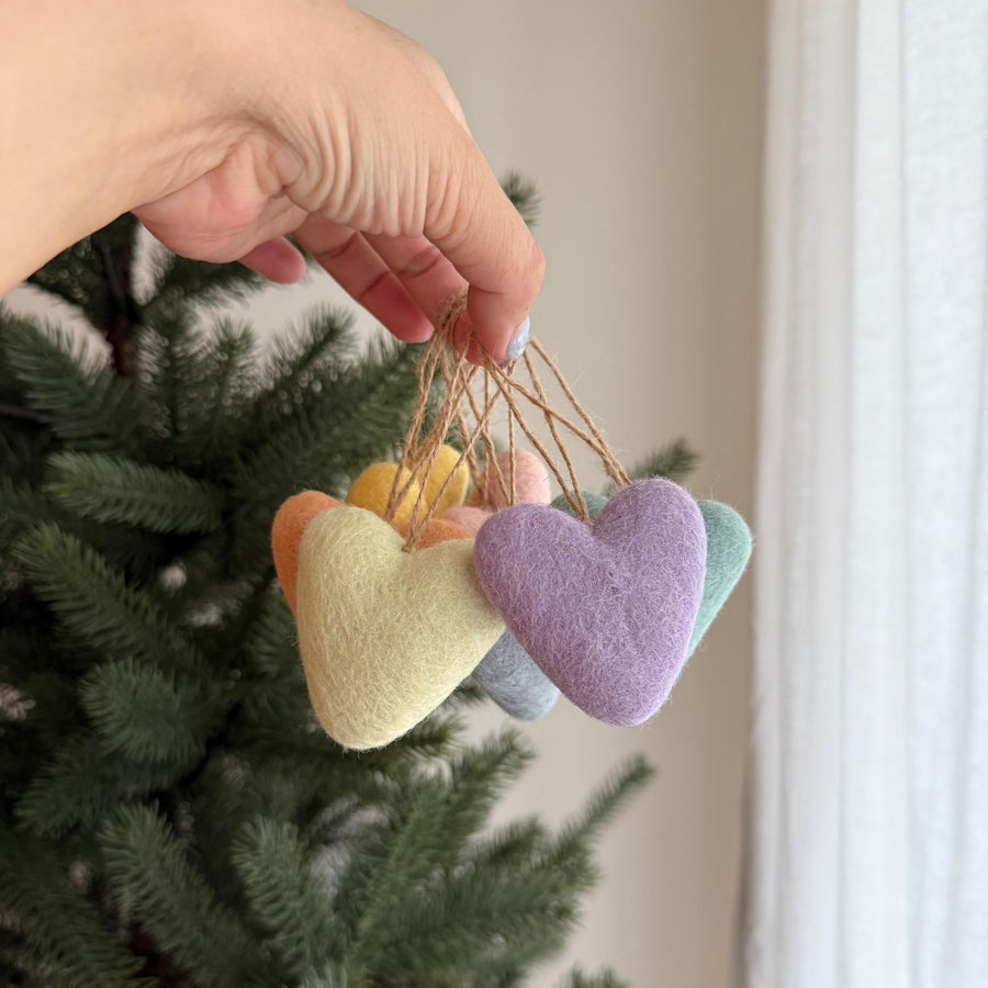 Felt Pastel Heart Ornaments – Set of 7 Wool Decorations, a wool felt ornament by Ganapati Crafts Co., needle-felted and hand-stitched in Nepal (view 4)