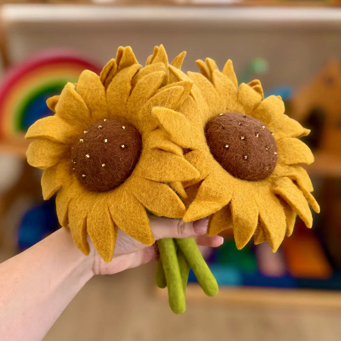 Little Brood Gold Sunflower, a hand-felted golden wool bloom for felt gardens and meadows.