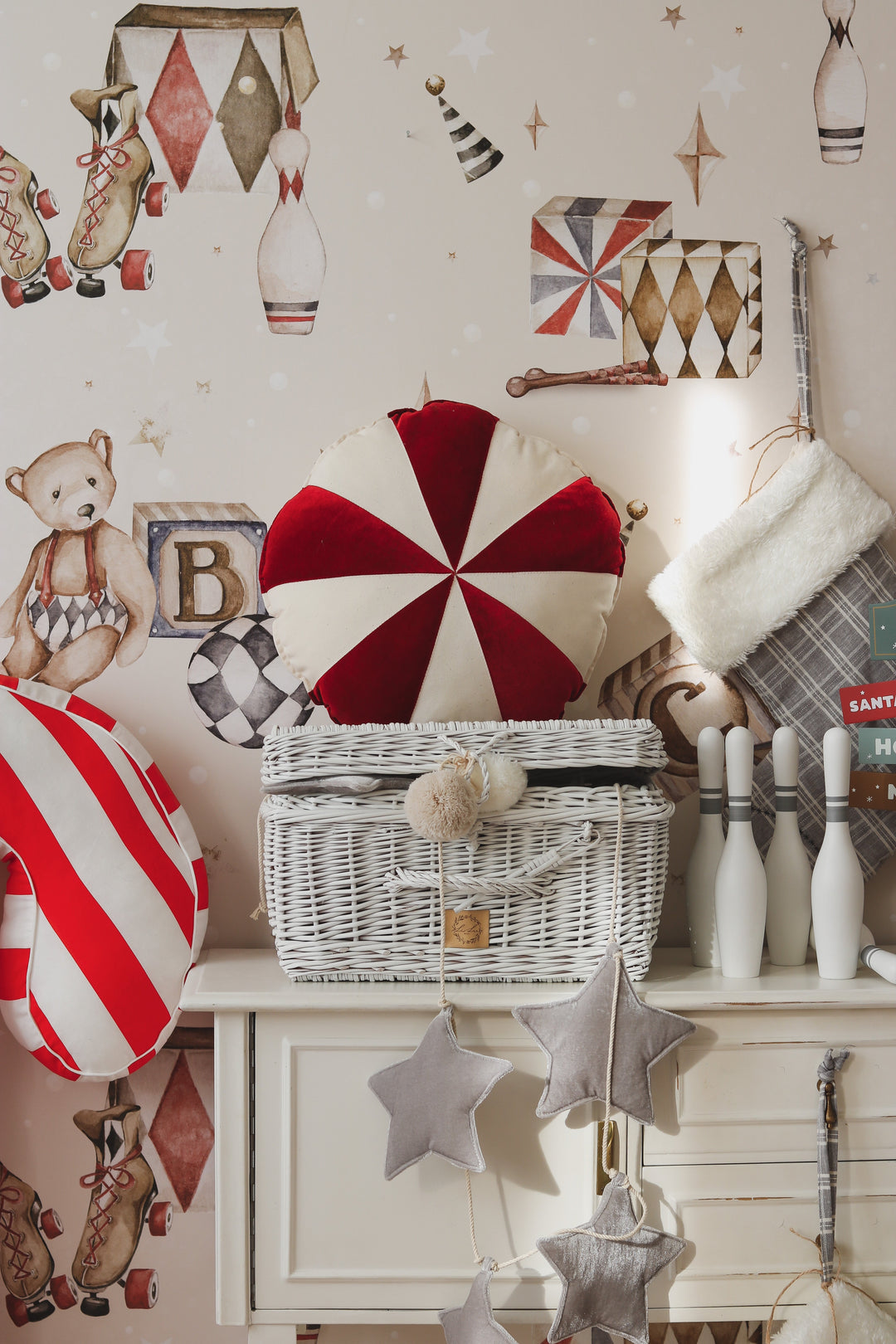 “Red Circus” Round Patchwork Pillow