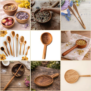 The Mud Kitchen Collection: teak nesting bowls, a water scooper, tongs, spoons, a teak scoop, a pot scoop, a coconut sieve, and a slotted spoon