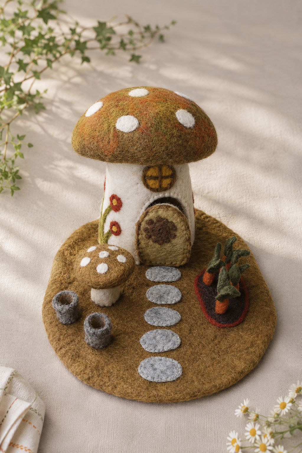 Mushroom Garden Fairy Home, opened on its round wool play mat with carrot garden, stepping-stone path, companion mushroom, and resident fairy