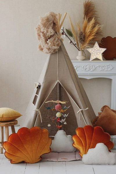 “Natural Linen” Teepee Tent and "White and Grey" Leaf Mat Set