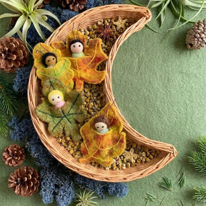Leaf Babies, four felt babies swaddled in stitched leaves