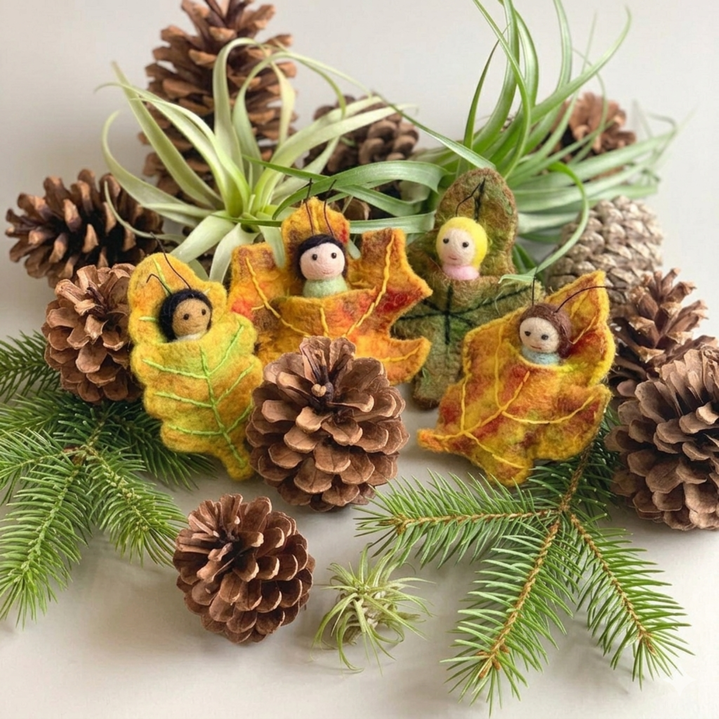 Tara Treasures Leaf Babies: four hand-felted babies in different skin tones, swaddled in stitched autumn and lime maple leaves, gathered among pinecones, fir branches, and air plants on a soft cream surface.
