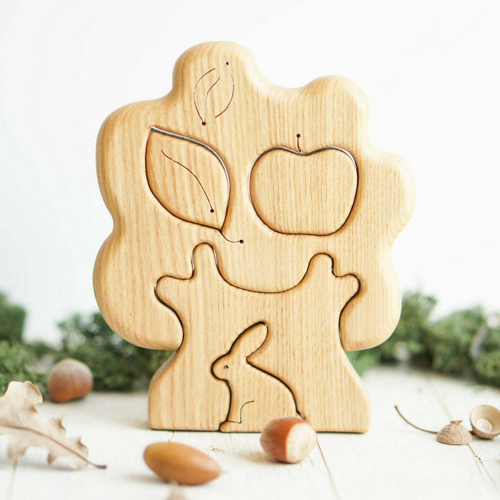 Wooden Tree Puzzle with Apple and Rabbit, a natural wood puzzle by Tiny Fox Hole, cut and finished by hand from solid wood