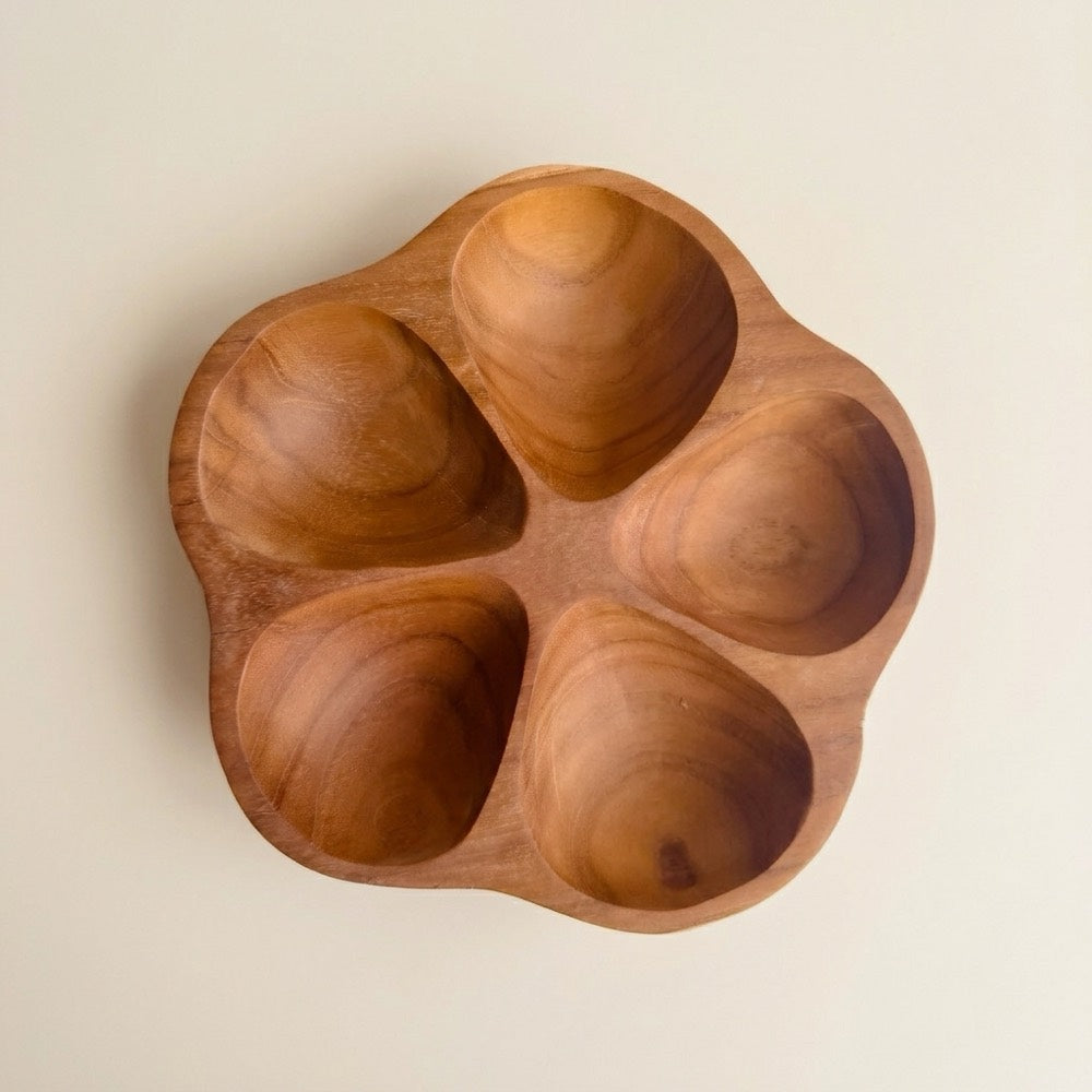 Five-well teak petal bowl from above