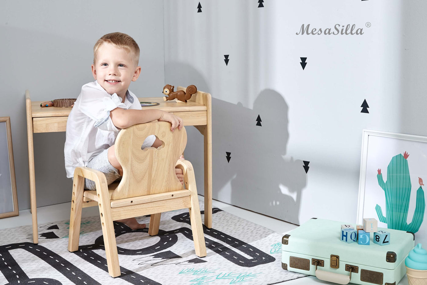 Mesasilla Primary Adjustable Table Set - with drawer-Bear Elephant Car Rabbit  Star - Height Adjustable