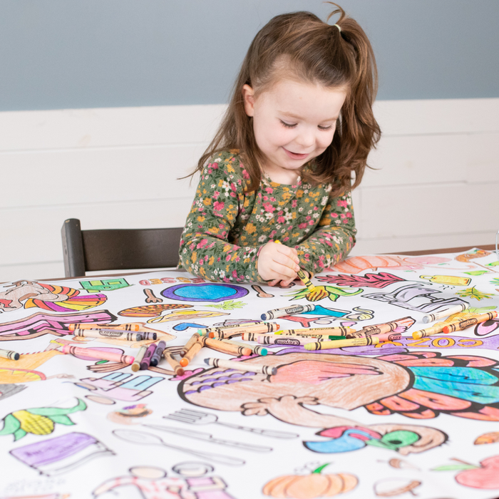 Giant Thanksgiving coloring tablecloth for kids with turkeys and fall scenes