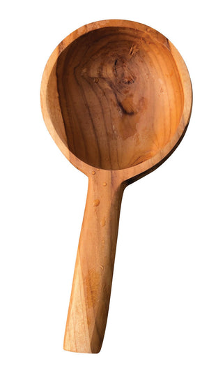 Teak water scooper with a long handle and a deep round bowl