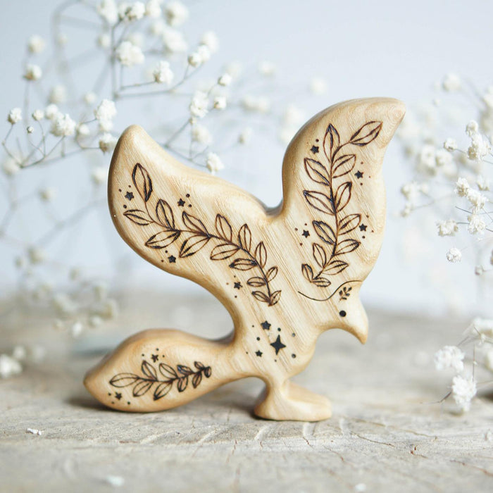 Wooden Phoenix, a natural wood animal toy by Tiny Fox Hole, cut and finished by hand from solid wood