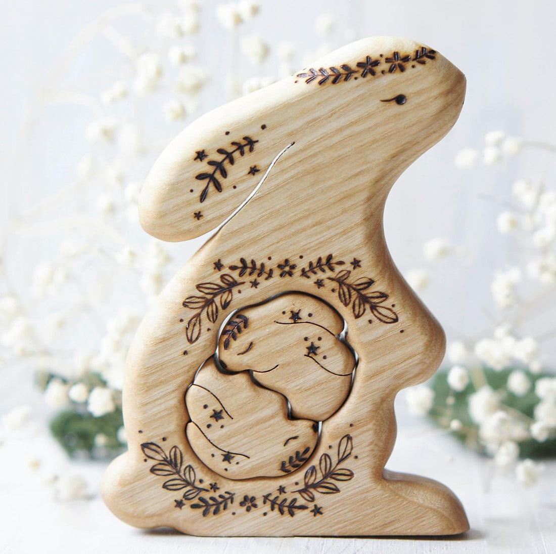 Hand-carved wooden bunny twins pregnancy announcement puzzle with two babies inside the belly, by Tiny Fox Hole