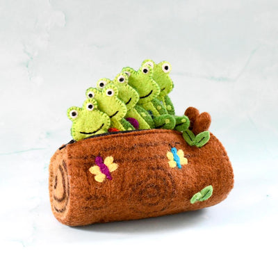 5 Little Speckled Frogs with Log Bag, Finger Puppet Set