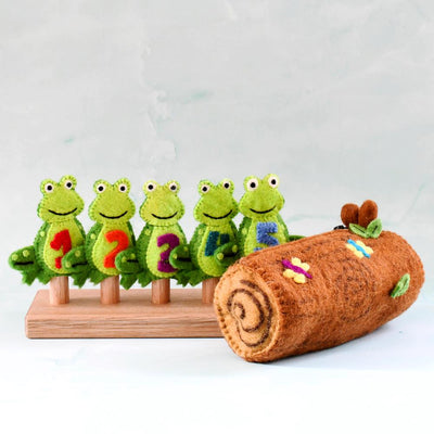 5 Little Speckled Frogs with Log Bag, Finger Puppet Set