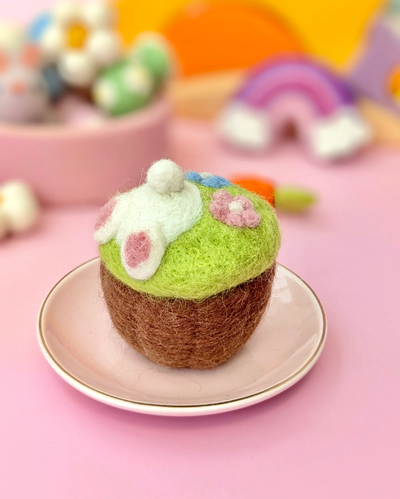 Sale Felt Cupcake, Easter Burrowing Bunny with Flowers