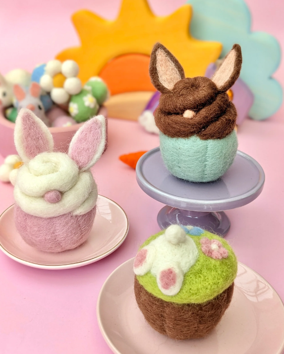 Sale Felt Cupcake, Easter Burrowing Bunny with Flowers