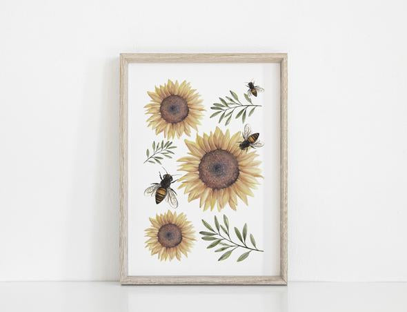 Sale Floral & Fern Sunflower and Bees Print
