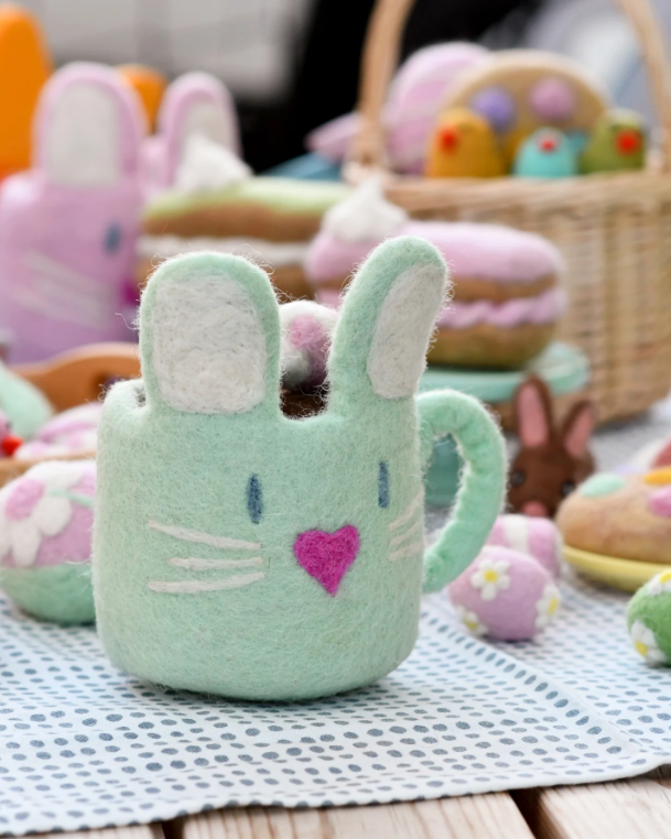 Sale Felt Bunny Hot Chocolate Mug with Marshmallows, Mint Green Cup