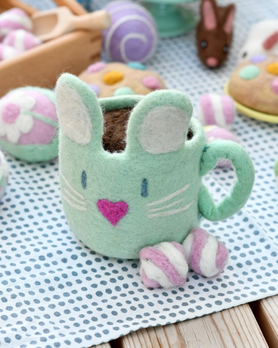 Sale Felt Bunny Hot Chocolate Mug with Marshmallows, Mint Green Cup