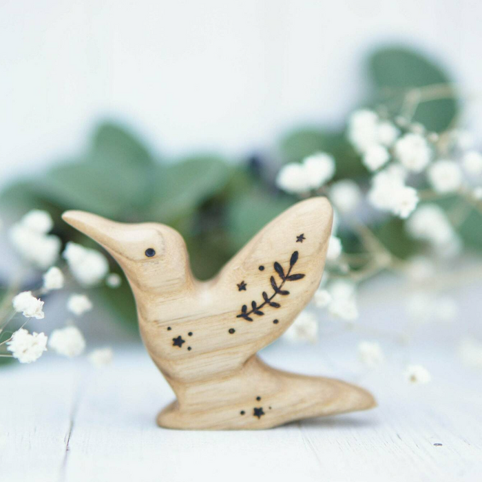Wooden Hummingbird, a natural wood animal toy by Tiny Fox Hole, cut and finished by hand from solid wood