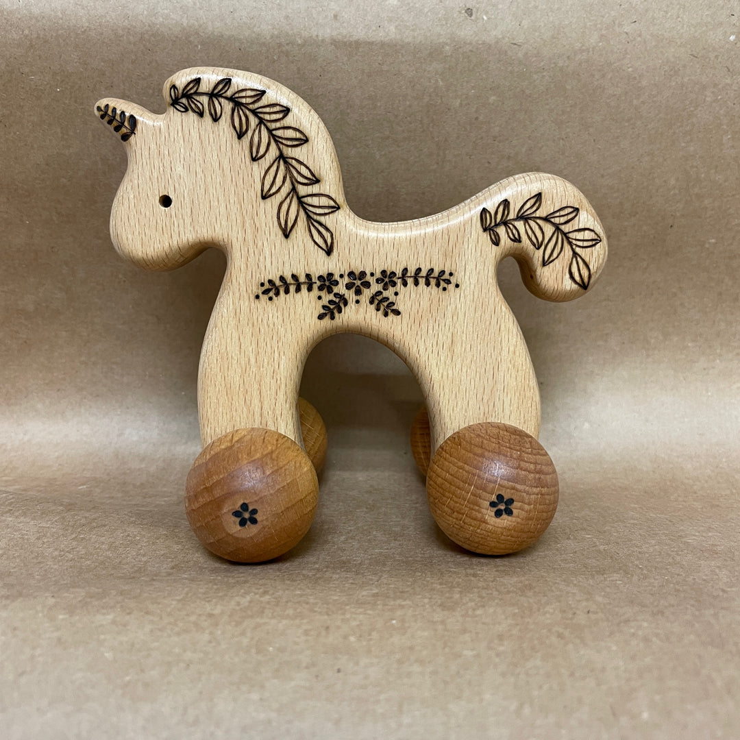 Wooden Unicorn Push Toy with Floral Motif