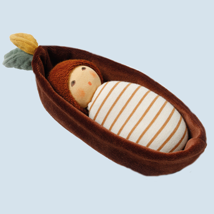 Nanchen Natur Organic Oak Baby Rattle Doll in Bark Bed