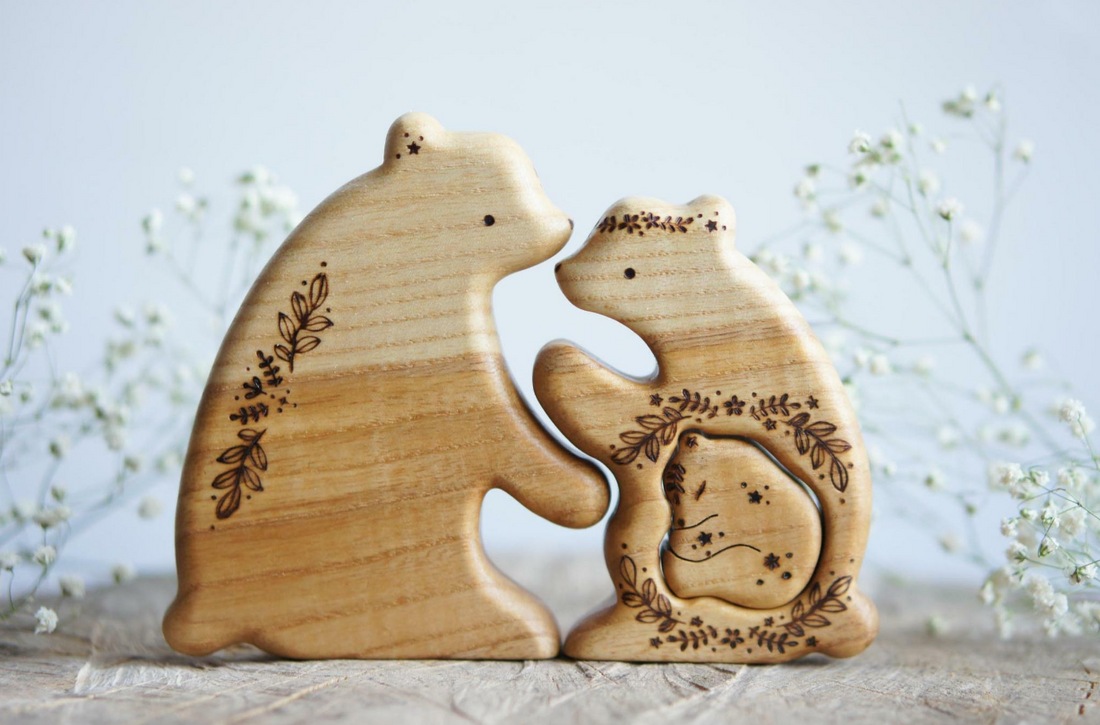 Hand-carved wooden bear family announcement puzzle, two grown bears and a baby, by Tiny Fox Hole