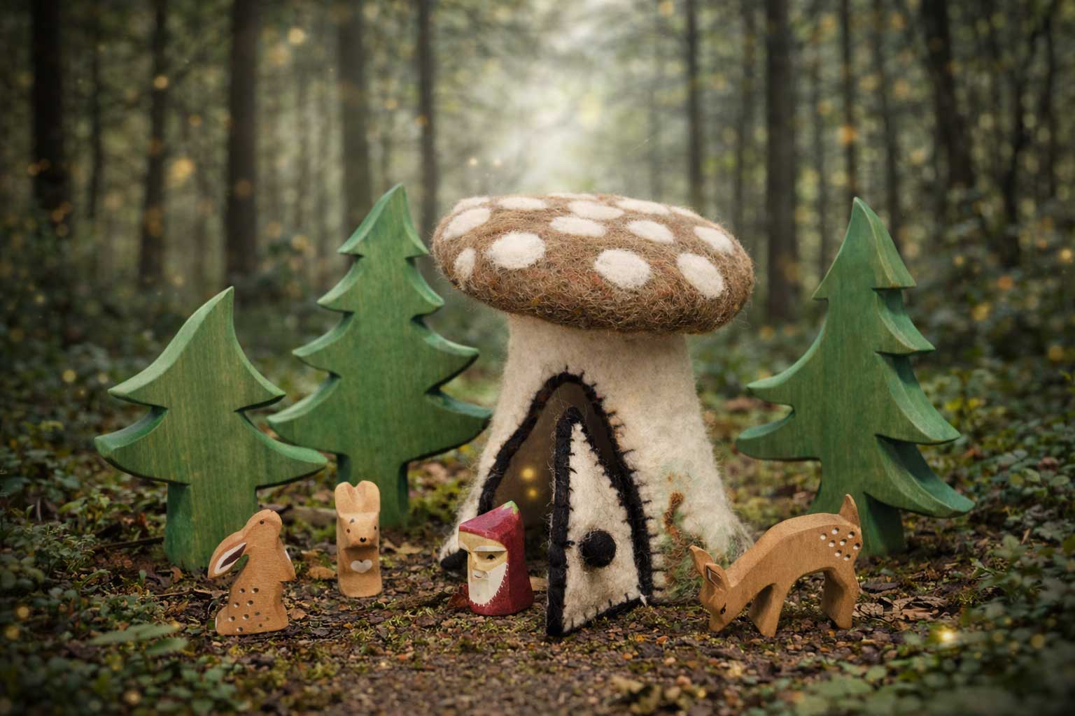 A hand-felted mushroom hideaway house, a toadstool with a stitched arched door, hollow inside for a little fairy or gnome.
